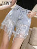 imCharms 2023 Waist Beaded Fringe Women's Denim Shorts Summer Beaded Wide Leg Oversized Jeans Korean Streetwear Women's