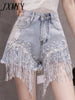 imCharms 2023 Waist Beaded Fringe Women's Denim Shorts Summer Beaded Wide Leg Oversized Jeans Korean Streetwear Women's
