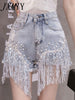 imCharms 2023 Waist Beaded Fringe Women's Denim Shorts Summer Beaded Wide Leg Oversized Jeans Korean Streetwear Women's