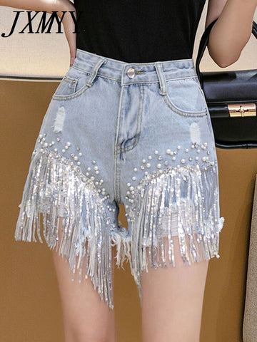imCharms 2023 Waist Beaded Fringe Women's Denim Shorts Summer Beaded Wide Leg Oversized Jeans Korean Streetwear Women's