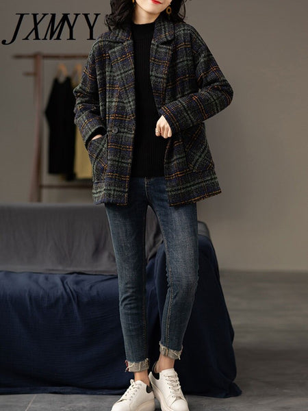 imCharms 2023 Winter Clothing Cotton Padded Plaid Woolen Suit Casual Coat Women's Clothing