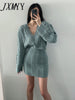 imCharms 2023 Winter Chic Korean Version Elegant V-Neck Twist Knitted Top + Skirt Women's Clothing