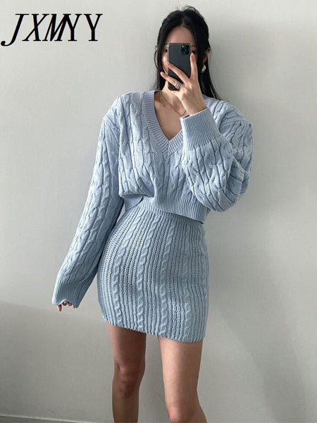 imCharms 2023 Winter Chic Korean Version Elegant V-Neck Twist Knitted Top + Skirt Women's Clothing