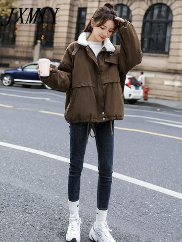 imCharms 2023 Winter Korean Casual Loose Denim Cotton Coat Lambswool Padded Color Frock Coat Women's Clothing Jacket