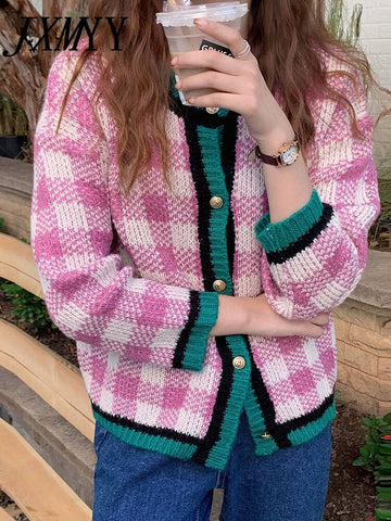 imCharms 2023 Winter Purple Cardigan Sweater Women's Casual Loose All-Match Plaid Knitted Jacket Top