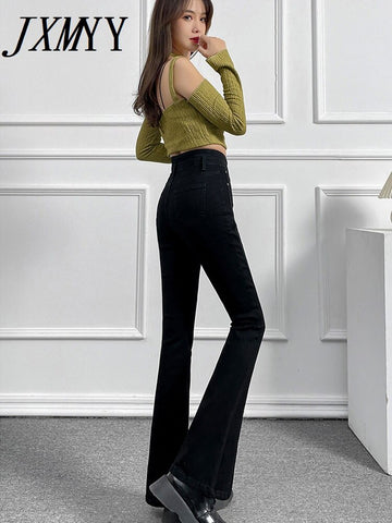 imCharms All-Match High Waist Elastic Slim Black Jeans Women's 2023 Spring And Autumn White Slit Flared Pants