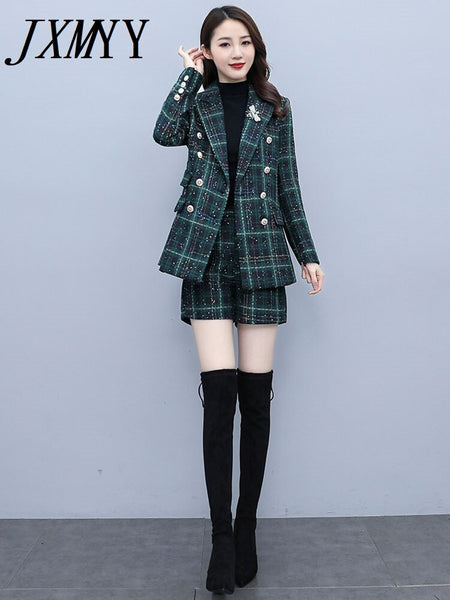imCharms Autumn And Winter Advanced Elegant Temperament Suit Plaid Wool Korean Version Of Two-Piece Women's Cclothing