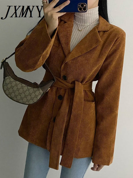 imCharms Autumn And Winter Chic Retro Lapel Three-Button Corduroy Pit Strip Long Sleeve Suit Jacket With Belt For Women