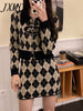 imCharms Autumn And Winter Diamond Plaid Knit Set Long Sleeve Cardigan Skirt Two-Piece Women's Clothing