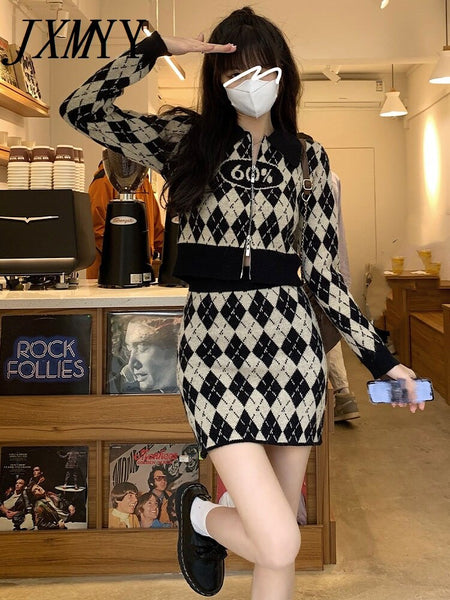 imCharms Autumn And Winter Diamond Plaid Knit Set Long Sleeve Cardigan Skirt Two-Piece Women's Clothing