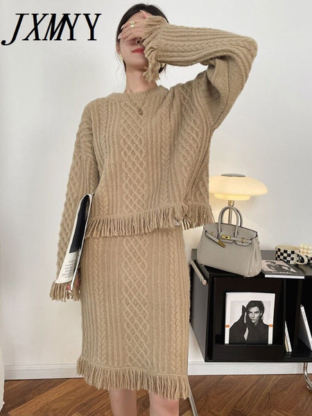 imCharms Autumn And Winter Elegant Temperament Knitted Fringed Sweater + Slim Skirt Two-Piece Women's Clothing