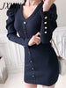 imCharms Autumn And Winter Elegant Temperament V-Neck Little Black Dress Slim Bottoming Short Skirt Knitted Dress