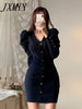 imCharms Autumn And Winter Elegant Temperament V-Neck Little Black Dress Slim Bottoming Short Skirt Knitted Dress