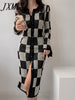 imCharms Autumn And Winter Split Long Skirt Checkerboard Elegant Temperament Slim Long Knitted Dress Women