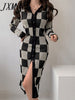 imCharms Autumn And Winter Split Long Skirt Checkerboard Elegant Temperament Slim Long Knitted Dress Women