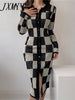 imCharms Autumn And Winter Split Long Skirt Checkerboard Elegant Temperament Slim Long Knitted Dress Women