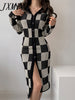 imCharms Autumn And Winter Split Long Skirt Checkerboard Elegant Temperament Slim Long Knitted Dress Women