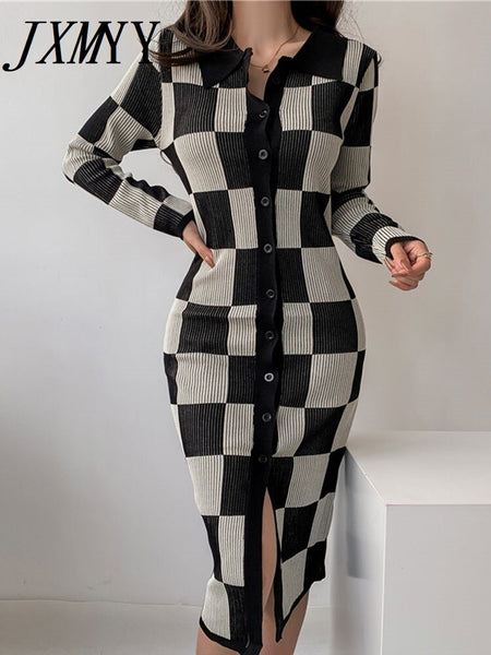 imCharms Autumn And Winter Split Long Skirt Checkerboard Elegant Temperament Slim Long Knitted Dress Women