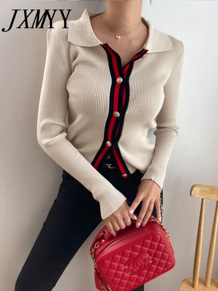 imCharms Autumn And Winter Sweater Design Contrast Color Lapels Slim fit And Slim V-Neck Cardigan Sweater Small Coat