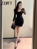 imCharms Autumn And Winter French Elegant Temperament Square Neck Mesh Stitching Folds Slim Fit And Slim Bag Hip Dress Women's