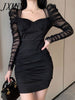 imCharms Autumn And Winter French Elegant Temperament Square Neck Mesh Stitching Folds Slim Fit And Slim Bag Hip Dress Women's