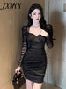 imCharms Autumn And Winter French Elegant Temperament Square Neck Mesh Stitching Folds Slim Fit And Slim Bag Hip Dress Women's