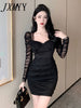 imCharms Autumn And Winter French Elegant Temperament Square Neck Mesh Stitching Folds Slim Fit And Slim Bag Hip Dress Women's