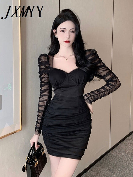 imCharms Autumn And Winter French Elegant Temperament Square Neck Mesh Stitching Folds Slim Fit And Slim Bag Hip Dress Women's
