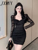 imCharms Autumn And Winter French Elegant Temperament Square Neck Mesh Stitching Folds Slim Fit And Slim Bag Hip Dress Women's