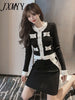 imCharms Autumn And Winter Suits Women's Temperament Color Matching Long-Sleeved Tops Slim Knitted Skirt Two-Piece Set