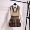 imCharms Autumn Casual Three Pices Set Sweater Vest+ Long Sleeve White Blouse+ A Line Plaid Mini Skirt Student Style Sweet Suits
