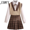 imCharms Autumn Casual Three Pices Set Sweater Vest+ Long Sleeve White Blouse+ A Line Plaid Mini Skirt Student Style Sweet Suits
