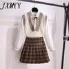 imCharms Autumn Casual Three Pices Set Sweater Vest+ Long Sleeve White Blouse+ A Line Plaid Mini Skirt Student Style Sweet Suits