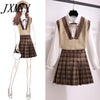 imCharms Autumn Casual Three Pices Set Sweater Vest+ Long Sleeve White Blouse+ A Line Plaid Mini Skirt Student Style Sweet Suits