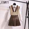 imCharms Autumn Casual Three Pices Set Sweater Vest+ Long Sleeve White Blouse+ A Line Plaid Mini Skirt Student Style Sweet Suits