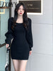 imCharms Autumn Square Collar Lantern Sleeve Sweater Skirt Solid Color Slim Sexy Waist Long Hip Dress