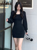 imCharms Autumn Square Collar Lantern Sleeve Sweater Skirt Solid Color Slim Sexy Waist Long Hip Dress