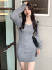 imCharms Autumn Square Collar Lantern Sleeve Sweater Skirt Solid Color Slim Sexy Waist Long Hip Dress