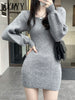 imCharms Autumn Square Collar Lantern Sleeve Sweater Skirt Solid Color Slim Sexy Waist Long Hip Dress