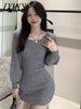 imCharms Autumn Square Collar Lantern Sleeve Sweater Skirt Solid Color Slim Sexy Waist Long Hip Dress