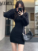 imCharms Autumn Square Collar Lantern Sleeve Sweater Skirt Solid Color Slim Sexy Waist Long Hip Dress