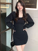imCharms Autumn Square Collar Lantern Sleeve Sweater Skirt Solid Color Slim Sexy Waist Long Hip Dress