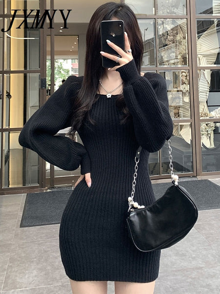 imCharms Autumn Square Collar Lantern Sleeve Sweater Skirt Solid Color Slim Sexy Waist Long Hip Dress