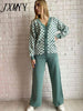 imCharms Autumn Suit Women's Checkerboard V-Neck Knit Cardigan Jacket Two Piece High Waist Drape Casual Wide Leg Pants