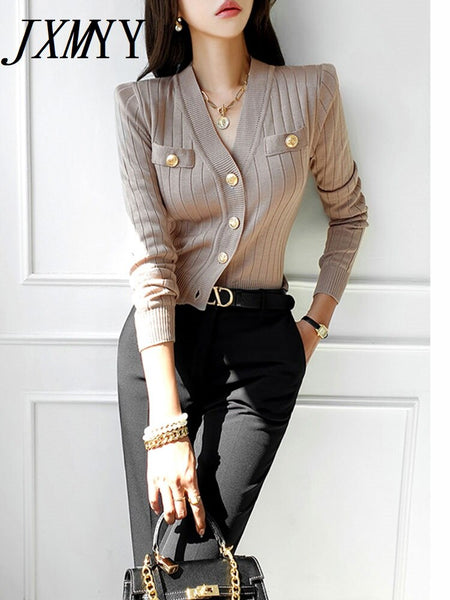 imCharms Autumn All-Match V-Neck Slim Right-Angle Shoulder Long-Sleeved Knitted Cardigan Temperament Women's Clothing