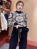 imCharms Autumn and Winter Advanced Totem Beaded Round Neck Sweater Loose Knitted Base Women's Clothing