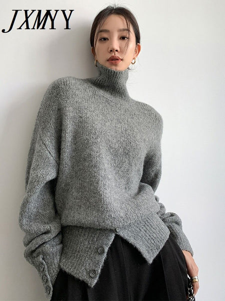imCharms Autumn and Winter Turtleneck Sweater Pullover Button Design Loose Lazy Soft Waxy Sweater Women's Top
