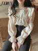 imCharms Beige Lace Blouse Vintage Square Collar Women Long Puff Sleeve Shirt Solid Cardigan Sweet Shirt Blusas Clothes Women Tops