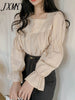 imCharms Beige Lace Blouse Vintage Square Collar Women Long Puff Sleeve Shirt Solid Cardigan Sweet Shirt Blusas Clothes Women Tops