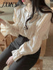 imCharms Beige Lace Blouse Vintage Square Collar Women Long Puff Sleeve Shirt Solid Cardigan Sweet Shirt Blusas Clothes Women Tops